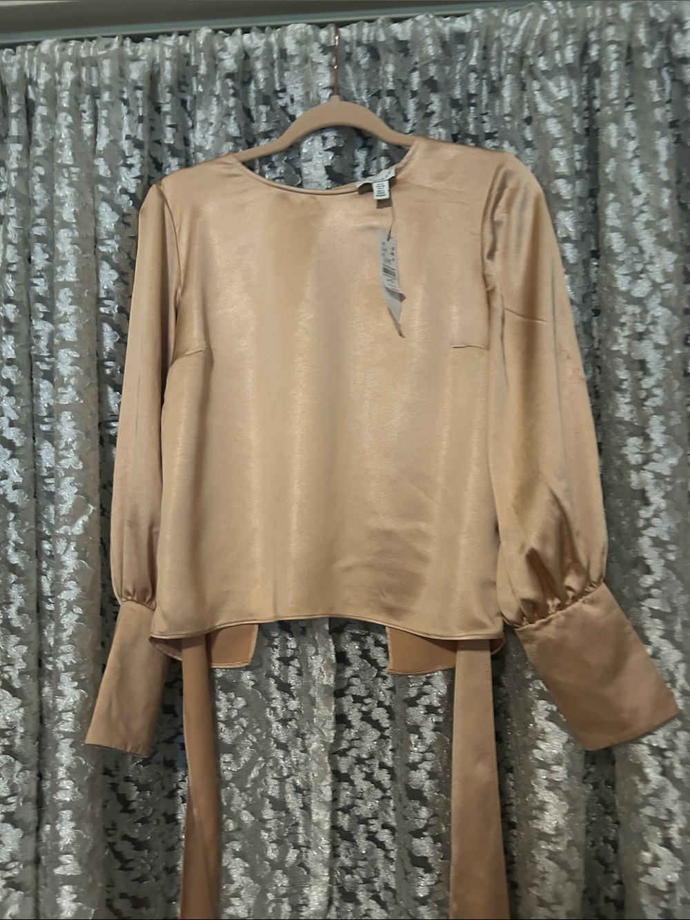 Topshop Champagne Satin Tie-Back Long Sleeve Blouse